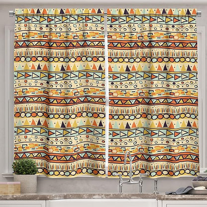 Ambesonne Prehistoric Kitchen Curtains, Mexican Style Doodles with Triangles Circles Folkloric Geometric Tribal, Window Drapes 2 Panel Set for Kitchen Cafe Decor, 55" x 39", Pastel Yellow